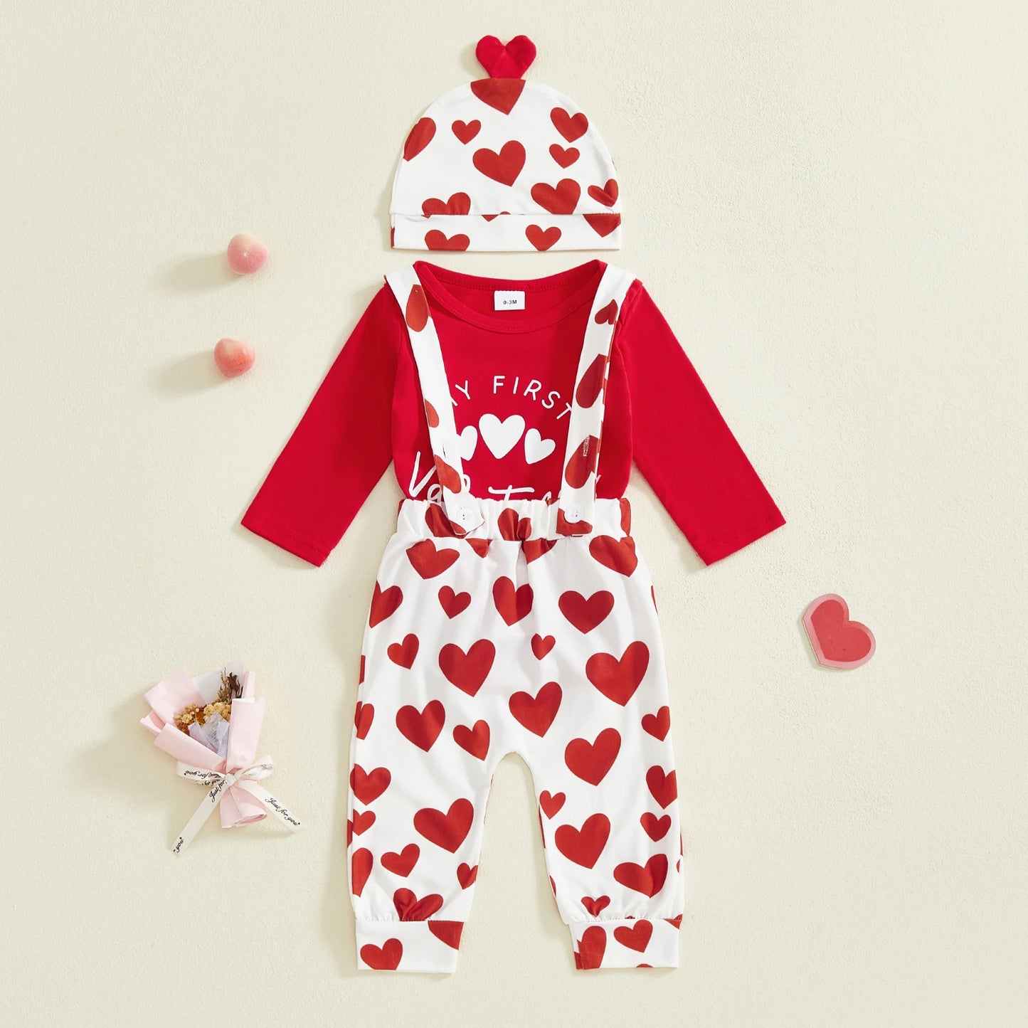 Baby Boys Valentine's Day Outfit Set - Heart Print Romper with Suspender Pants & Hat 0-18M