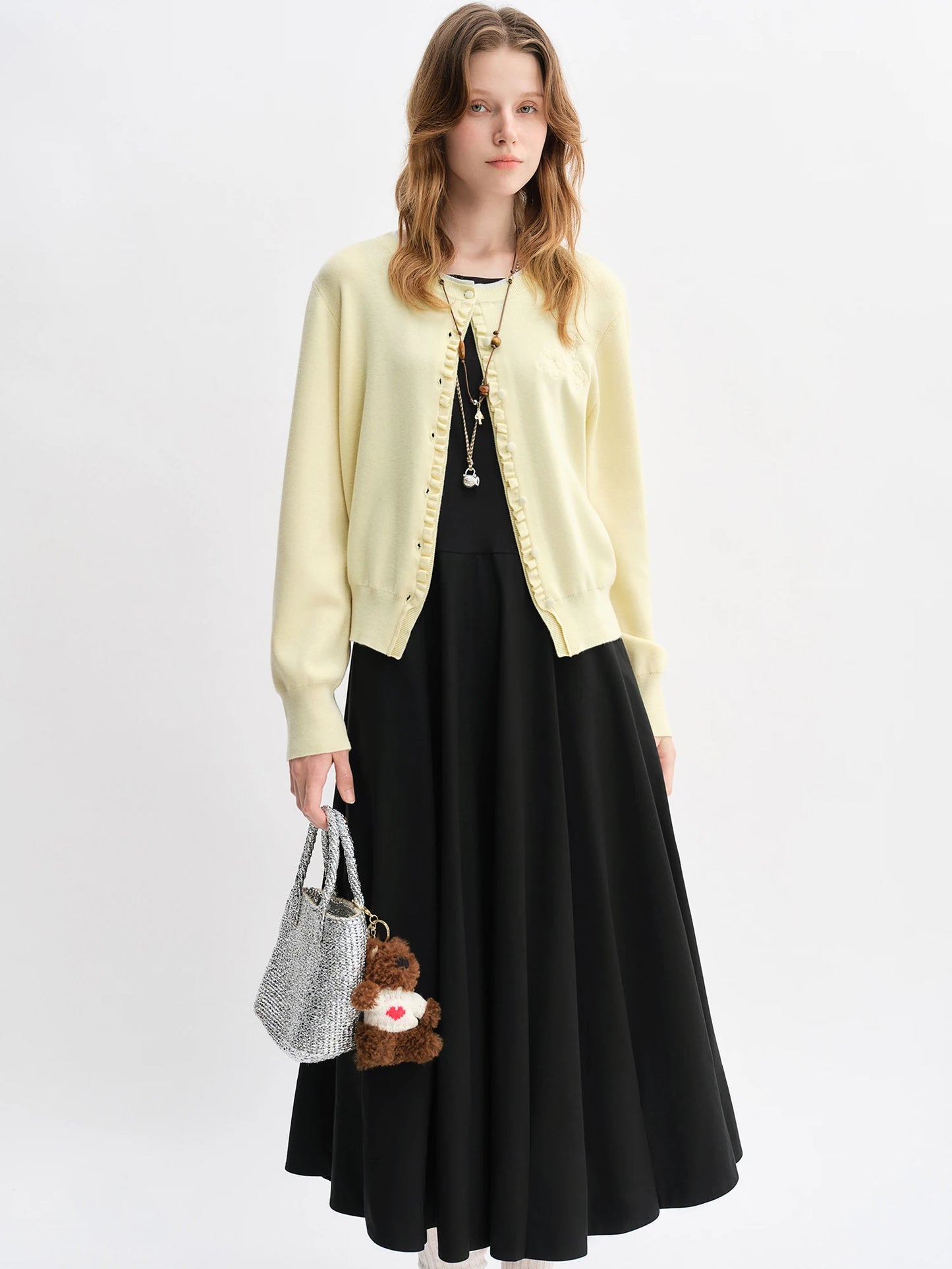 Floral Embroidered Knit Cardigan - Ruffle Trim Loose Fit Cardigan