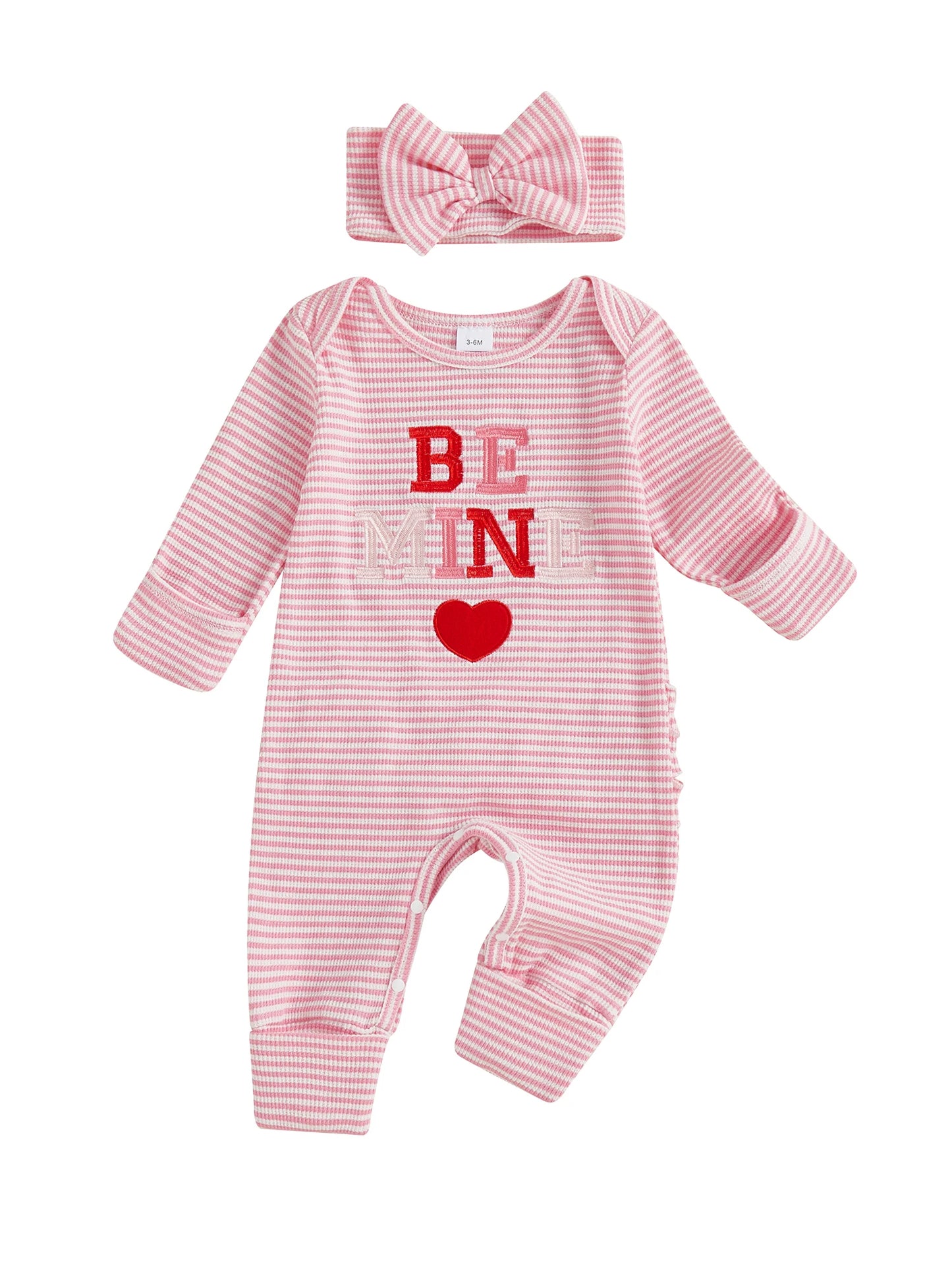 Newborn Baby Romper with Headband - Love Heart Embroidery Stripe Design
