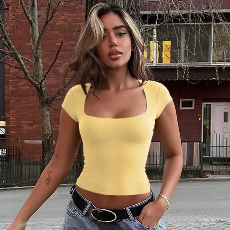 Women's Y2K Square Collar Cropped Top - Short Sleeve Slim Fit Summer Tee