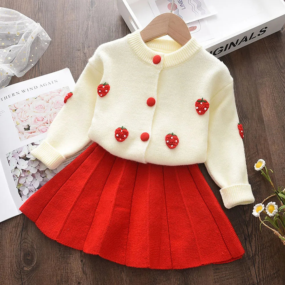 Girls' Knitted Embroidery Sweater & Skirt Set – Autumn Winter 2-Piece Outfit