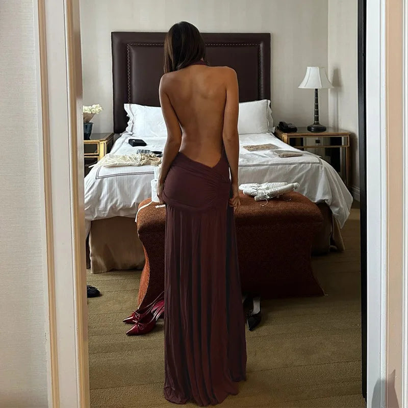 Women's Ruched Deep V Neck Maxi High Waist Draped Halter Robes Backless Dress
