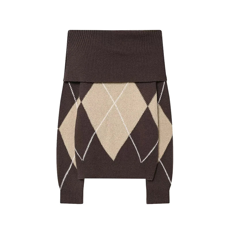 Vintage Argyle Off Shoulder Knit Sweater - Long Sleeve Loose Casual Pullover