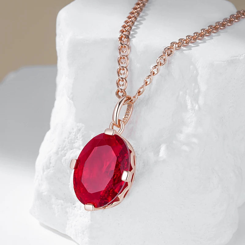 Women's 585 Rose Gold Colour  Oval Red Natural Zircon Pendant Necklace