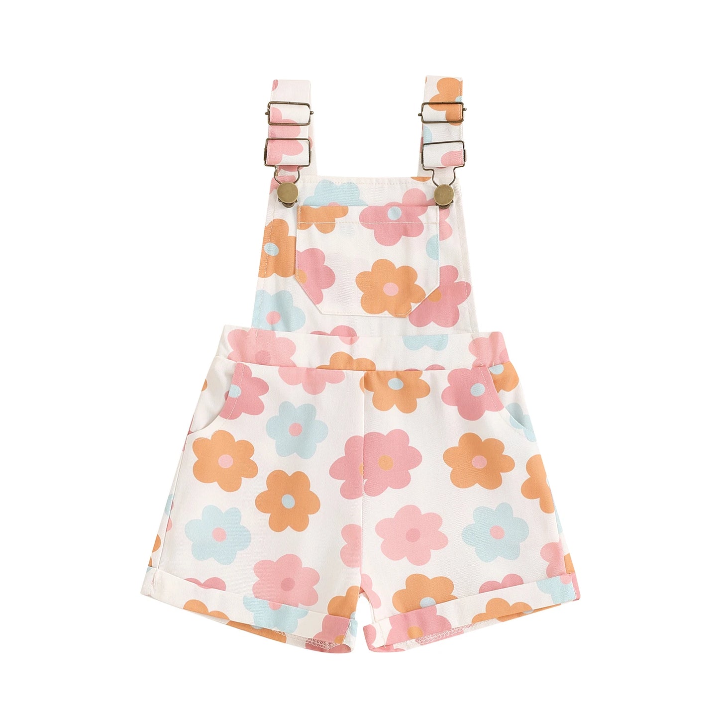 Kids Girls Overalls Shorts 0-6Y Sleeveless Straps Strawberry/Flower Print Denim Button Pocket Jumpsuit
