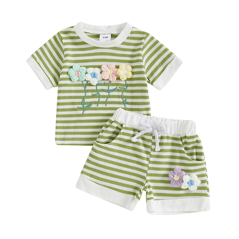 0-6Y Kids Girls Summer Clothes Sets Short Sleeve O Neck Flower Embroidery Striped T Shirts and Drawstring Shorts