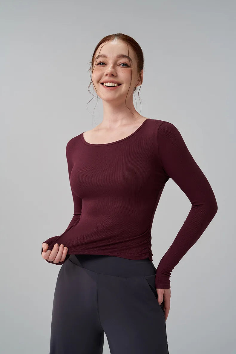 Ribbed Gym Top - Long Sleeve Drape Sides Yoga Shirt with Dry Fit