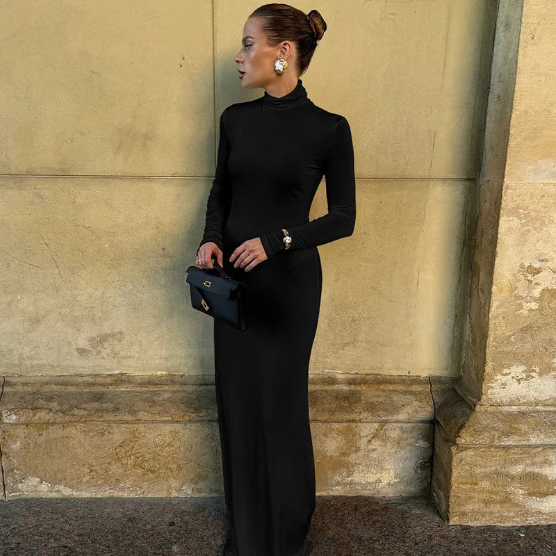 Women's Turtleneck Long Sleeve Maxi Dress Outfit - Long Dress Robe