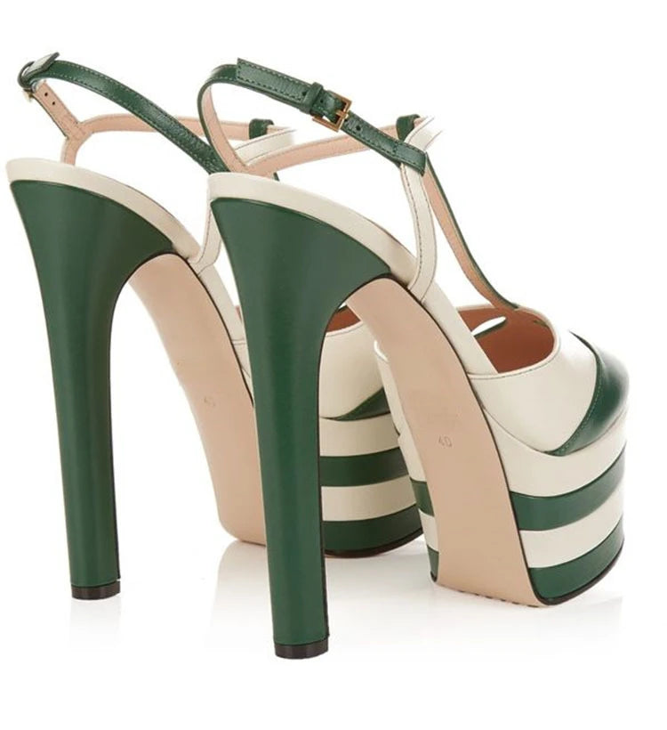 Women's Leather Platform Sandals - Wedge Heel Rivet T-Strap Sandals