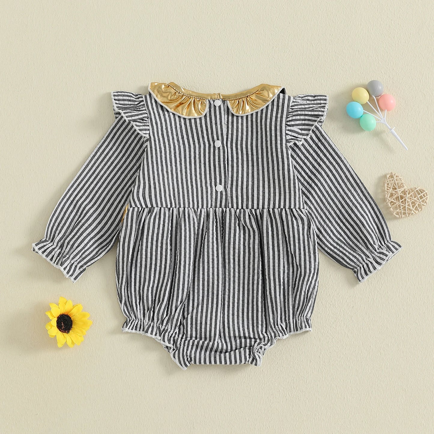 Baby Girls New Year Romper - Stripe Print Letter Embroidery Ruffled Jumpsuit