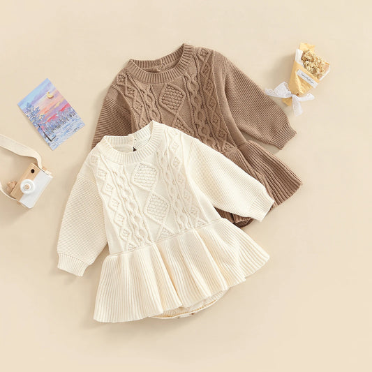 Girls 0-24M Knitted Sweater Romper Dress - Long Sleeve Solid Button Jumpsuit