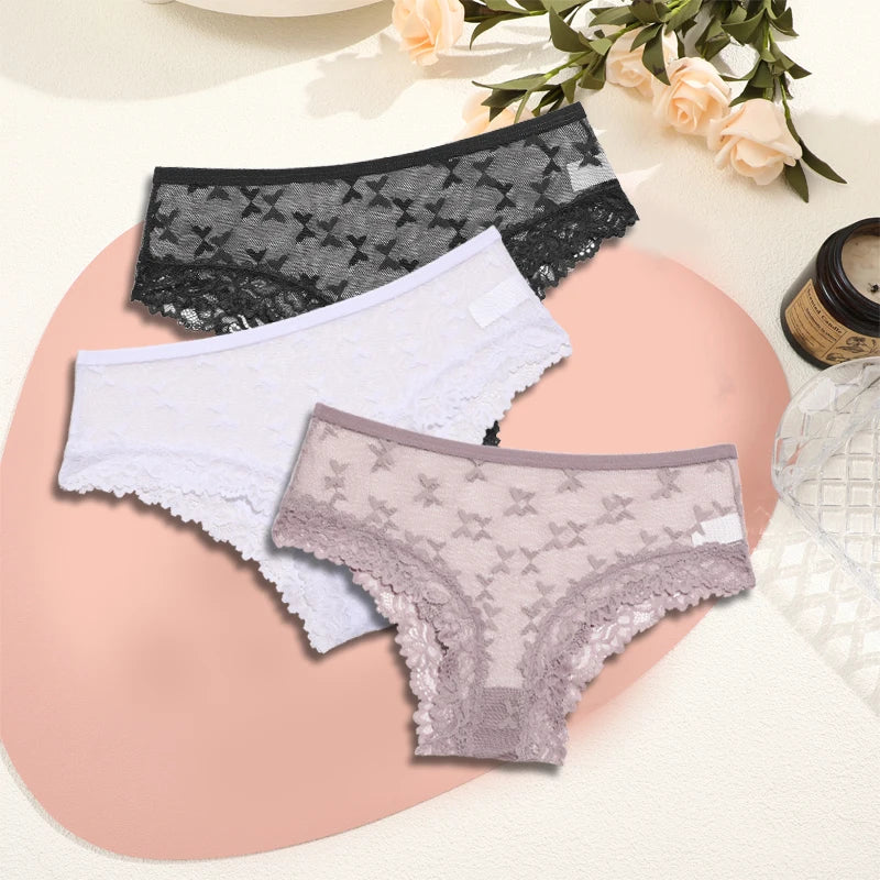 Women's Lace Underwear 3-Piece Set - Floral Hollow Out Briefs
