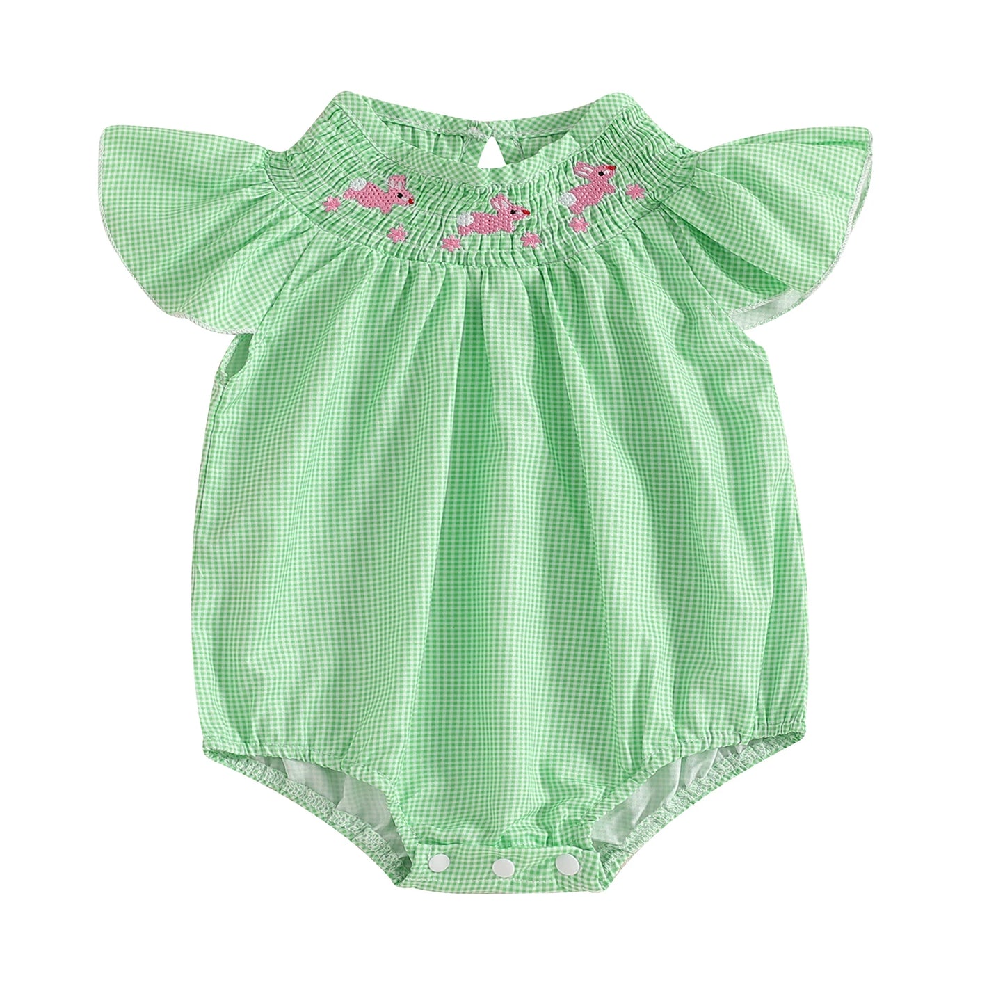 Baby Girls Easter Romper - Rabbit Embroidery Plaid Smocked Jumpsuit