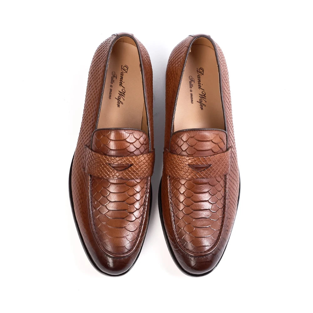 Men's Genuine Leather Snake Pattern Loafers – Pointed Slip-On Dress Shoes