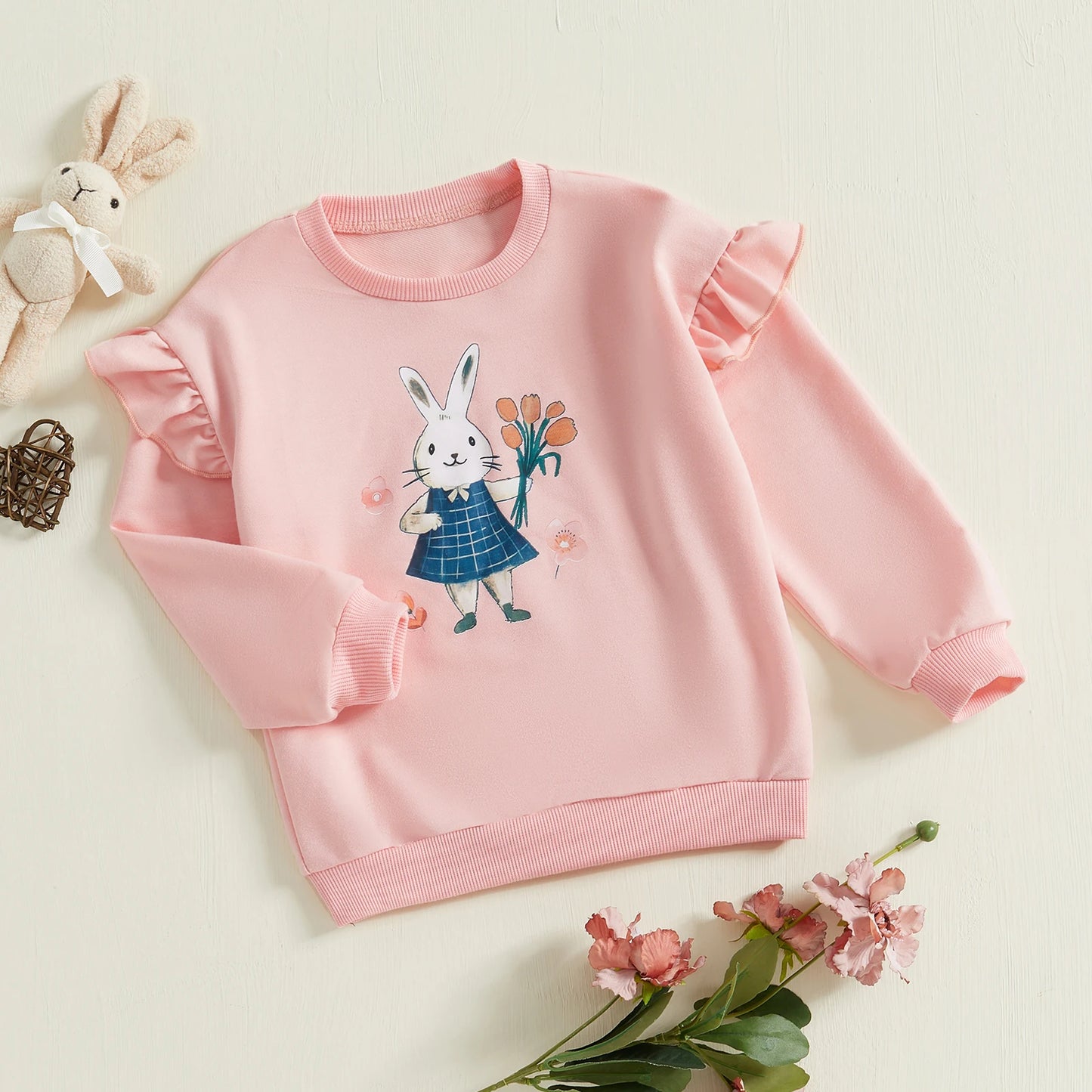 Girls' Easter Rabbit Print Sweatshirt - Long Sleeve Crew Neck Pullover