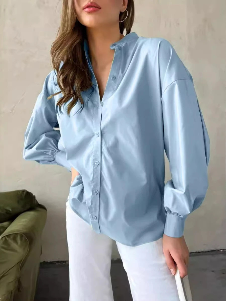 Women's Loose Lantern Sleeve Single-breasted 100% Cotton Blouse