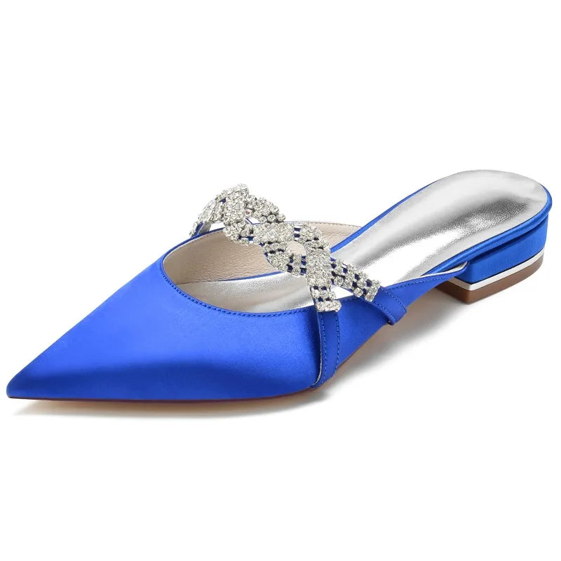 Women's Pointed Silver Insole Flat Sole Rhinestone Satin Sandals Slippers