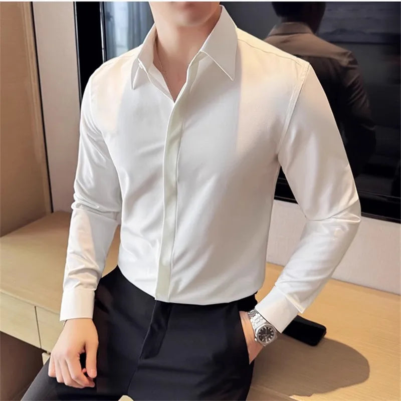 Men's Solid Colour Long Sleeve  Shirt - Smart Casual Slim Fit Shirt