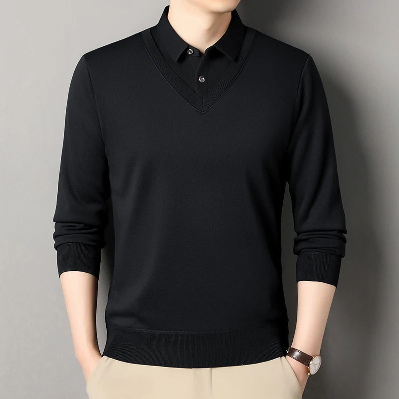Men's Fleece Knit T-Shirt - Fake Two-Piece Smart Casual Tee for Autumn Winter