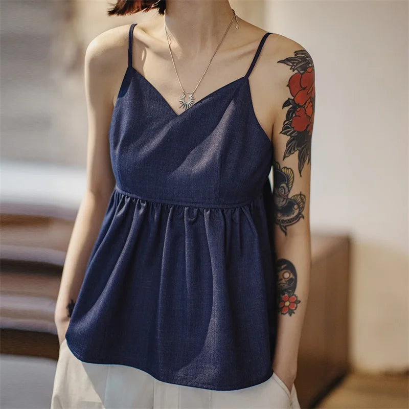 Women's Y2K Denim Vest Top - Blue V-Neck Sleeveless Tank with Ruched Details Summer Streetwear