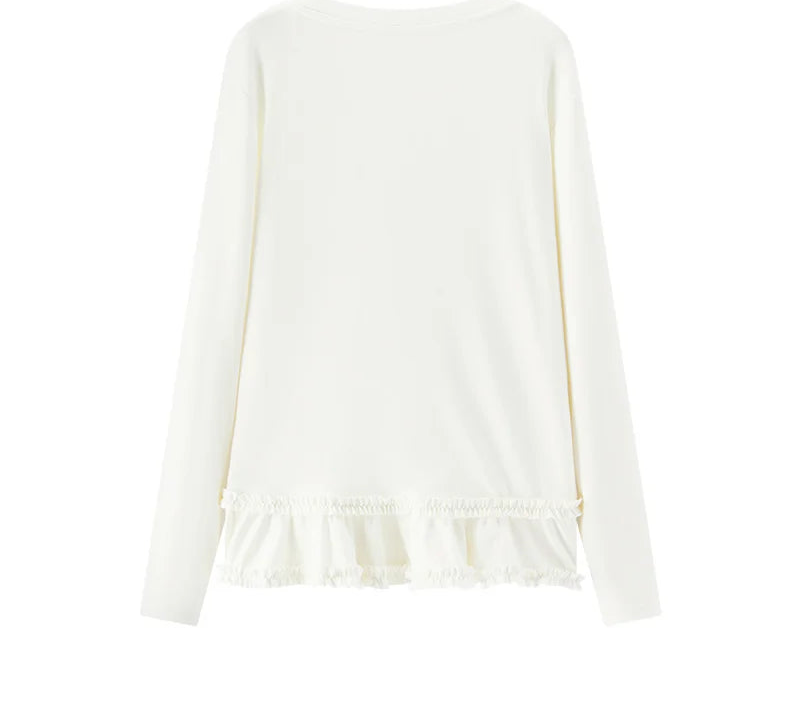 Long Sleeve Solid Color Lettuce Edge Slim Fit Ruffle Hem Top