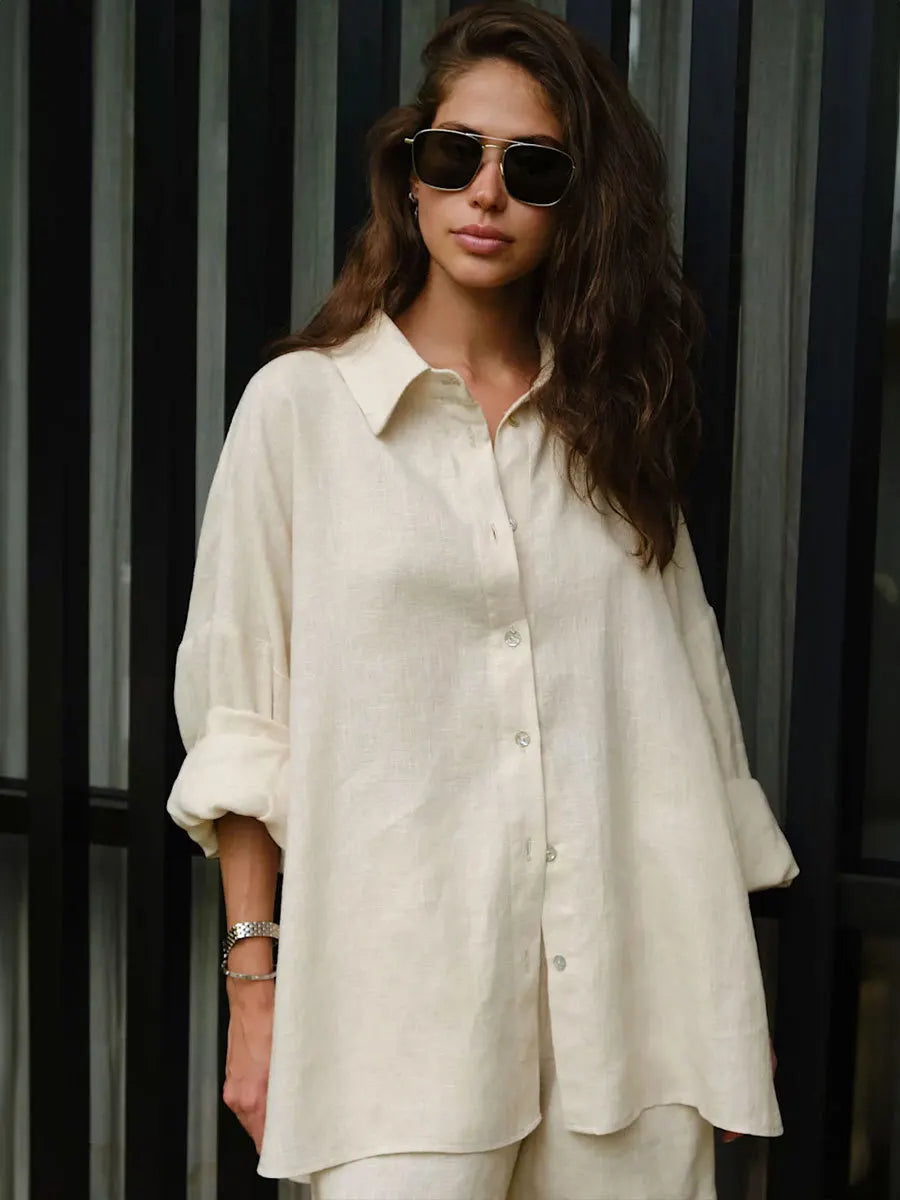 Women's 100% Cotton 2 Pieces Cosy Lapel Lantern Sleeve Shirt Summer Outfit Elastic Waist Shorts Set