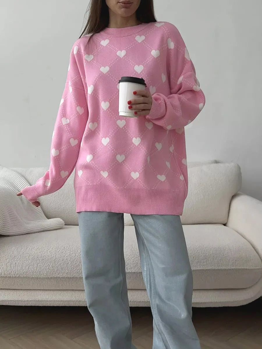 Women's Love  Heart Printed  Round-neck Pullover Sweater