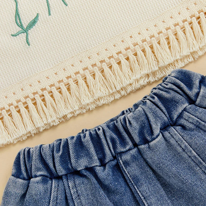 1-5Y Kids Girls Summer Clothes Sets Sleeveless Floral Embroidery Tasseled Tank Top and Elastic Denim Shorts
