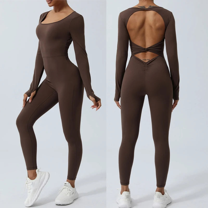 Women's Long Sleeve Gym Jumpsuit - One Piece Yoga Openwork Back Workout  Breathable Sportswear