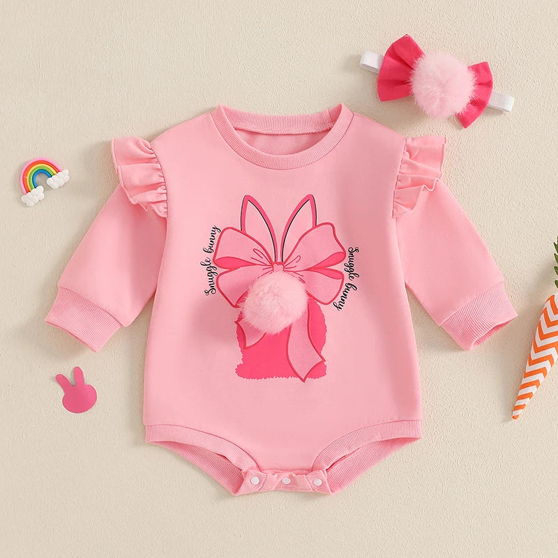 0-24M Baby Girls Easter Spring Romper Long Sleeve Rabbit Bow Print Jumpsuits with Headband