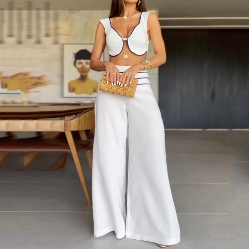 Women's Two Piece Set - Deep V Square Collar Short Top and Wide Leg Pants Set