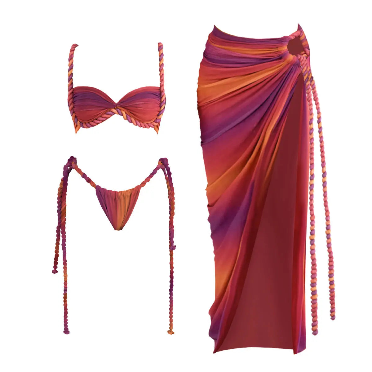 Women's Braid Bandage Bikini with Skirt 3Pcs Halter Bra Summer Skirt