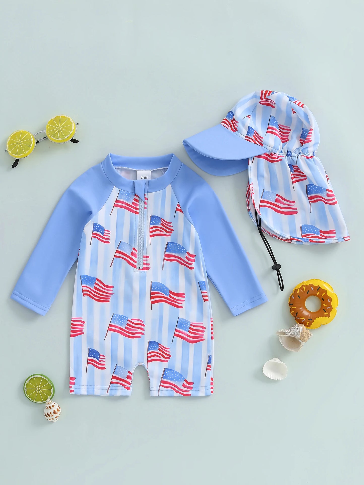0-5Y Kids Boys Rash Guard Swimsuits Flag Print Long Sleeve Zip Up Bathing Suit with Neck Flap Sun Cap