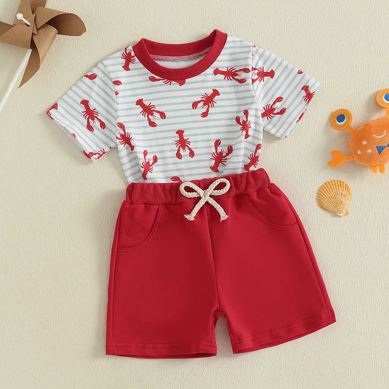 Baby Boys Striped Lobster Print Summer Set - T-Shirt & Solid Shorts (0-3Y)