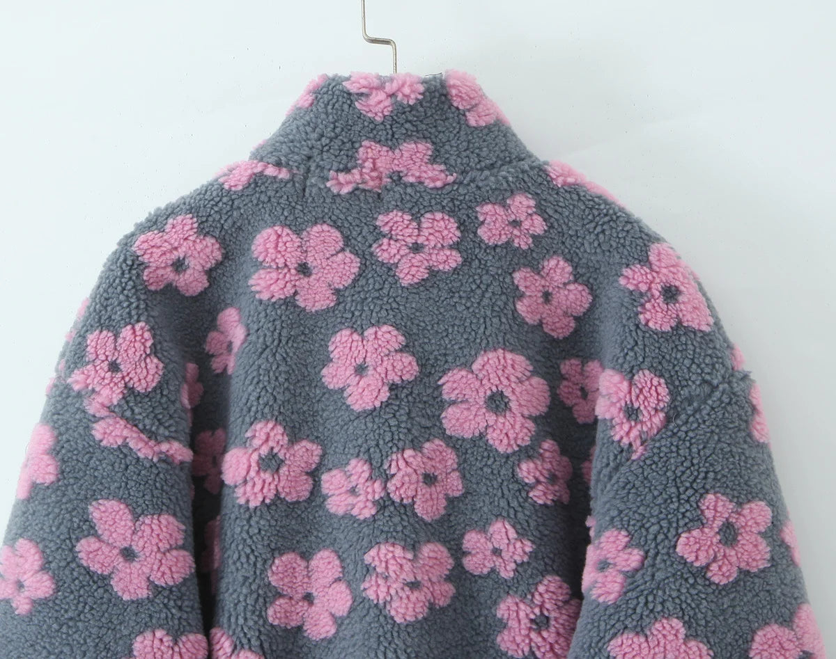 Lambswool Floral Sweatshirt - High Neck Long Sleeve Warm Pullover