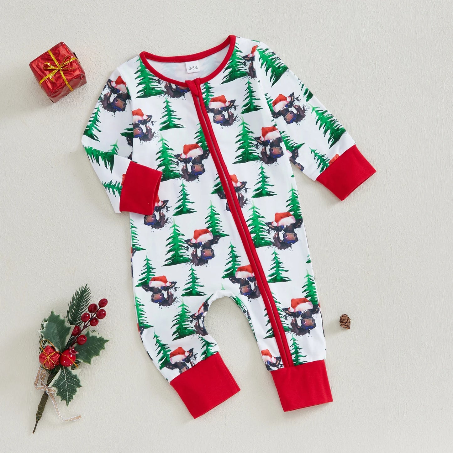 0-12M Baby Girls Boys Christmas Rompers Cow Print Long Sleeve Zipper Jumpsuits