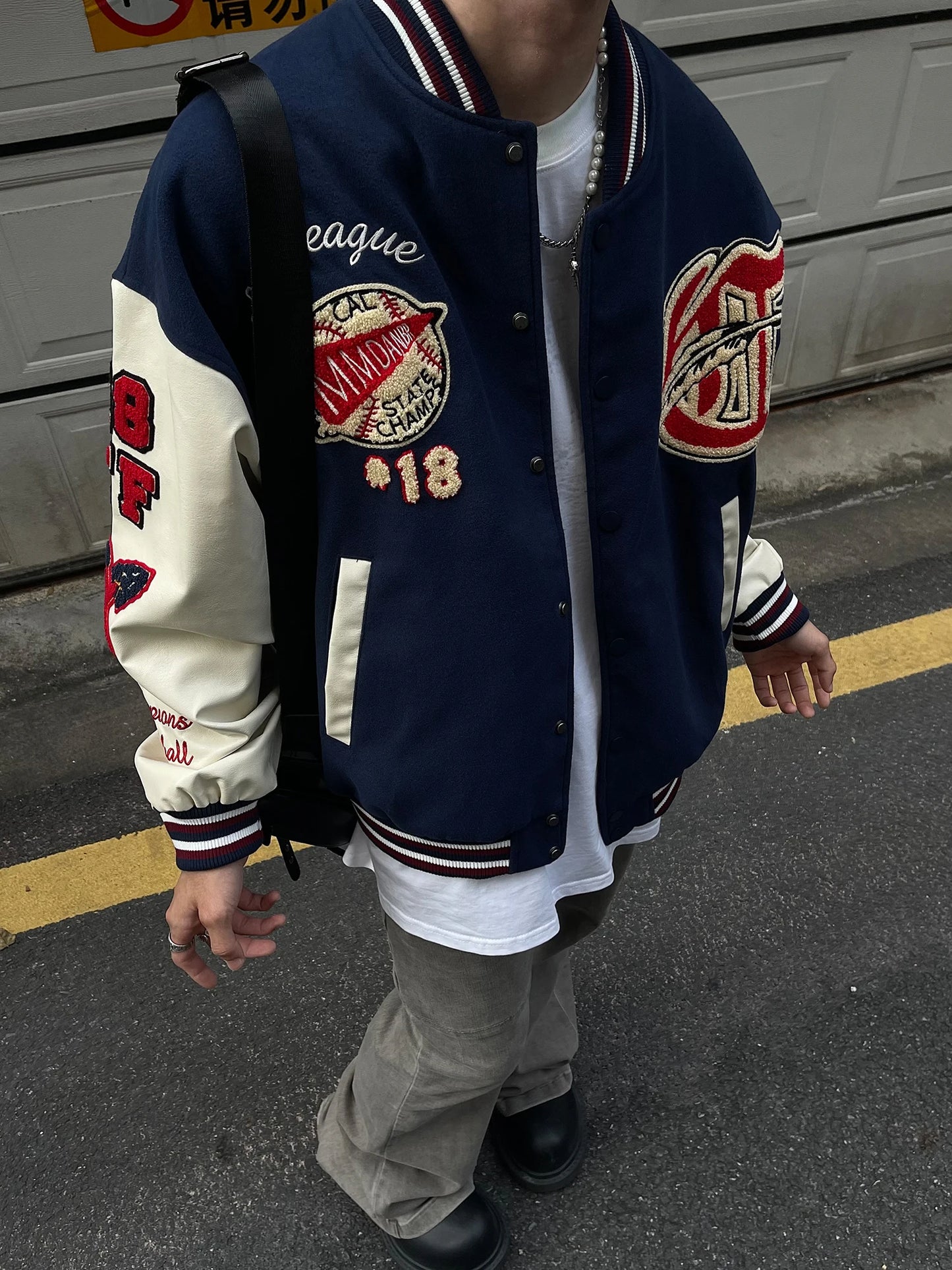 Men's Vintage Flocked Embroidery Patchwork Varsity PU Leather Sleeve Baseball Jacket