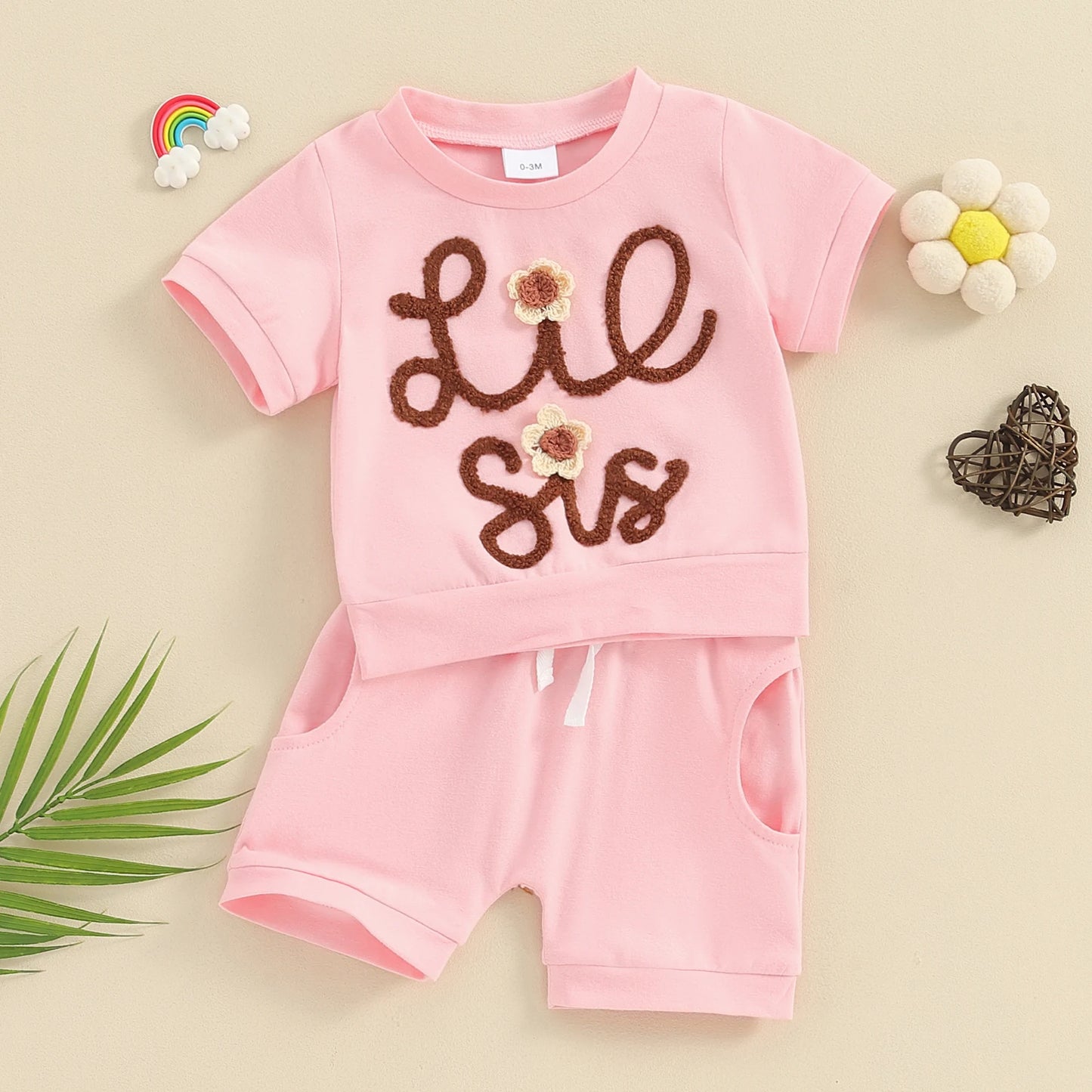 0-4Y Toddler Baby Girls Sister Matching Outfits Summer Clothes Set - Short Sleeve Letter Flower Embroidery Tops Shorts