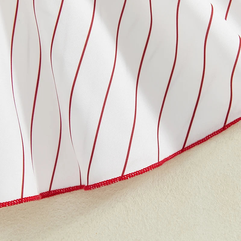 0-4Y Kids Girls Summer Baseball Dress Striped Short Sleeve Single Breasted Back Letter Print Dress with Belt