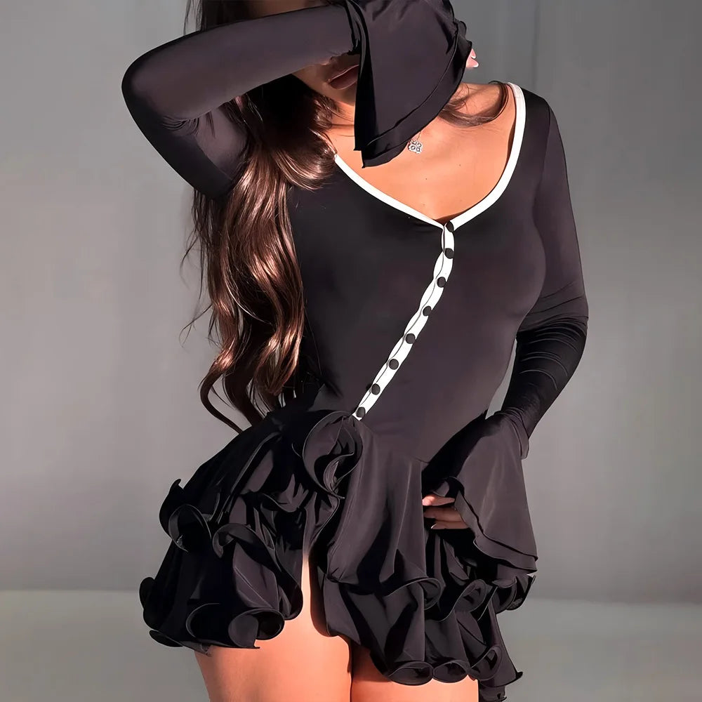 Women's Ruffled Mini Dress - Single-Breasted V-Neck with Flare Sleeves