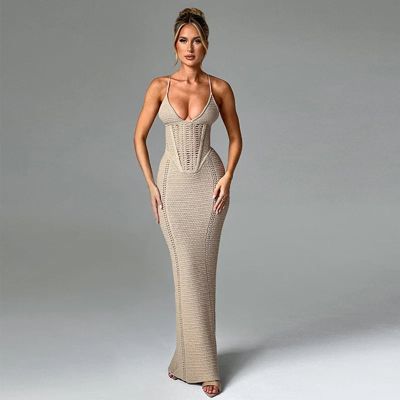 Women's Knitted Hollow Out Bandage Maxi Sleeveless Party Bodycon Dress