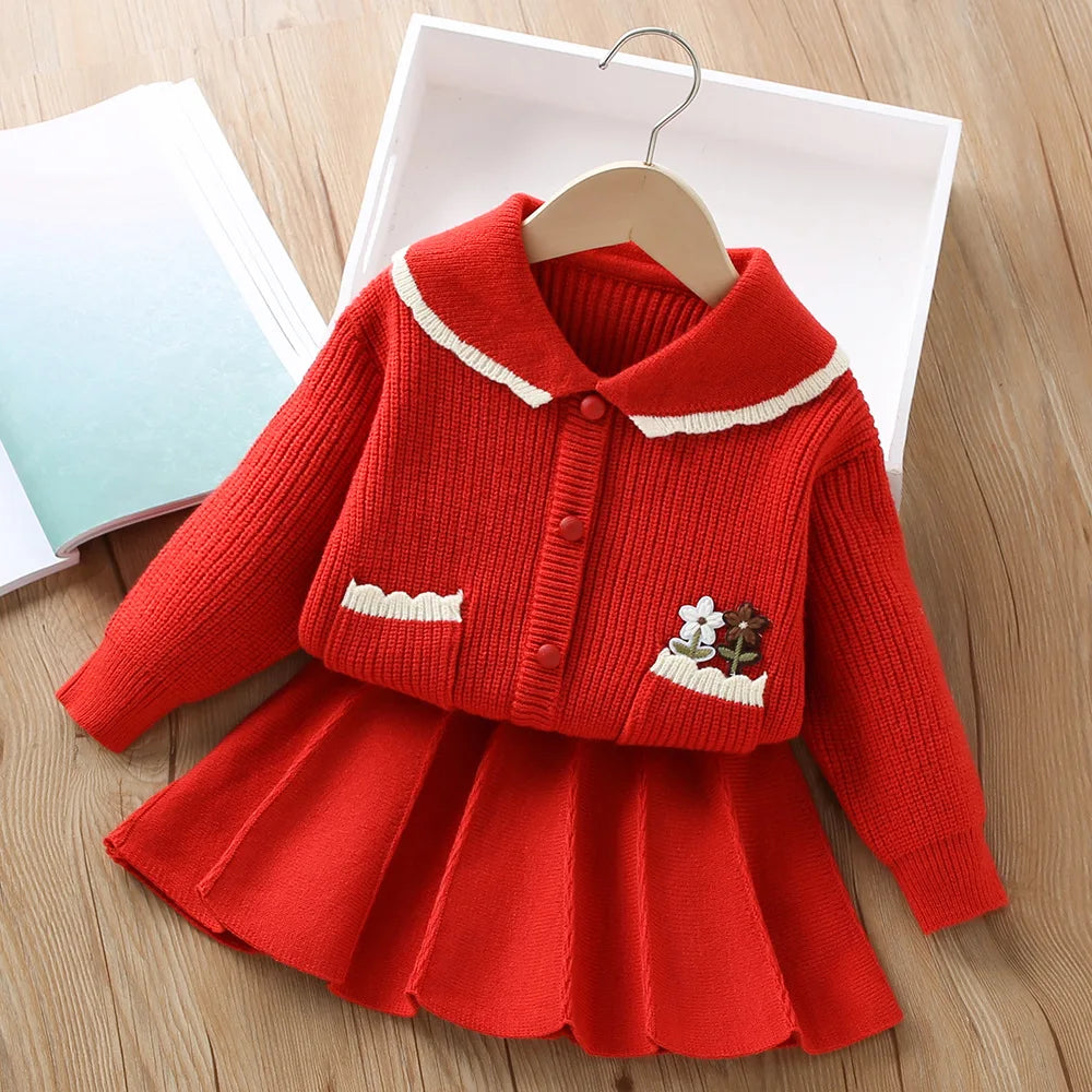 Girl's Clothes Collar Embroidery Flower Knit Cardigan Sweater and Short Skirt Two-piece Set