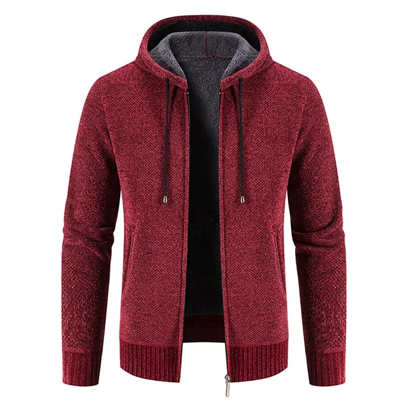 Men's Hooded Fleece Cardigan - Warm Knitted Sweater Jacket with Zipper