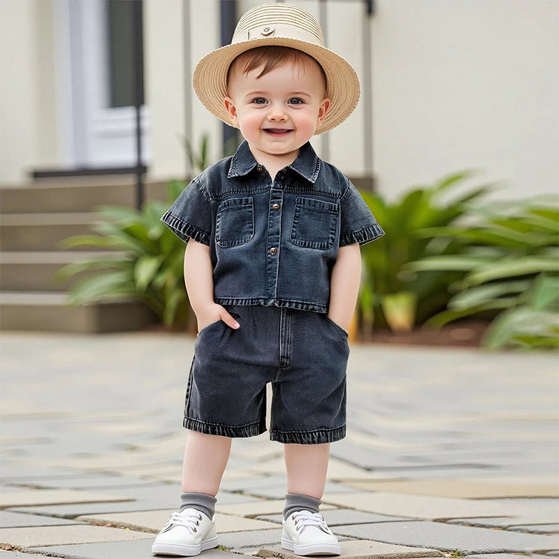 2-6Y  Kids Boys Girls Summer Denim Clothes Sets Short Sleeve Button-down Shirt with Elastic Waist Shorts