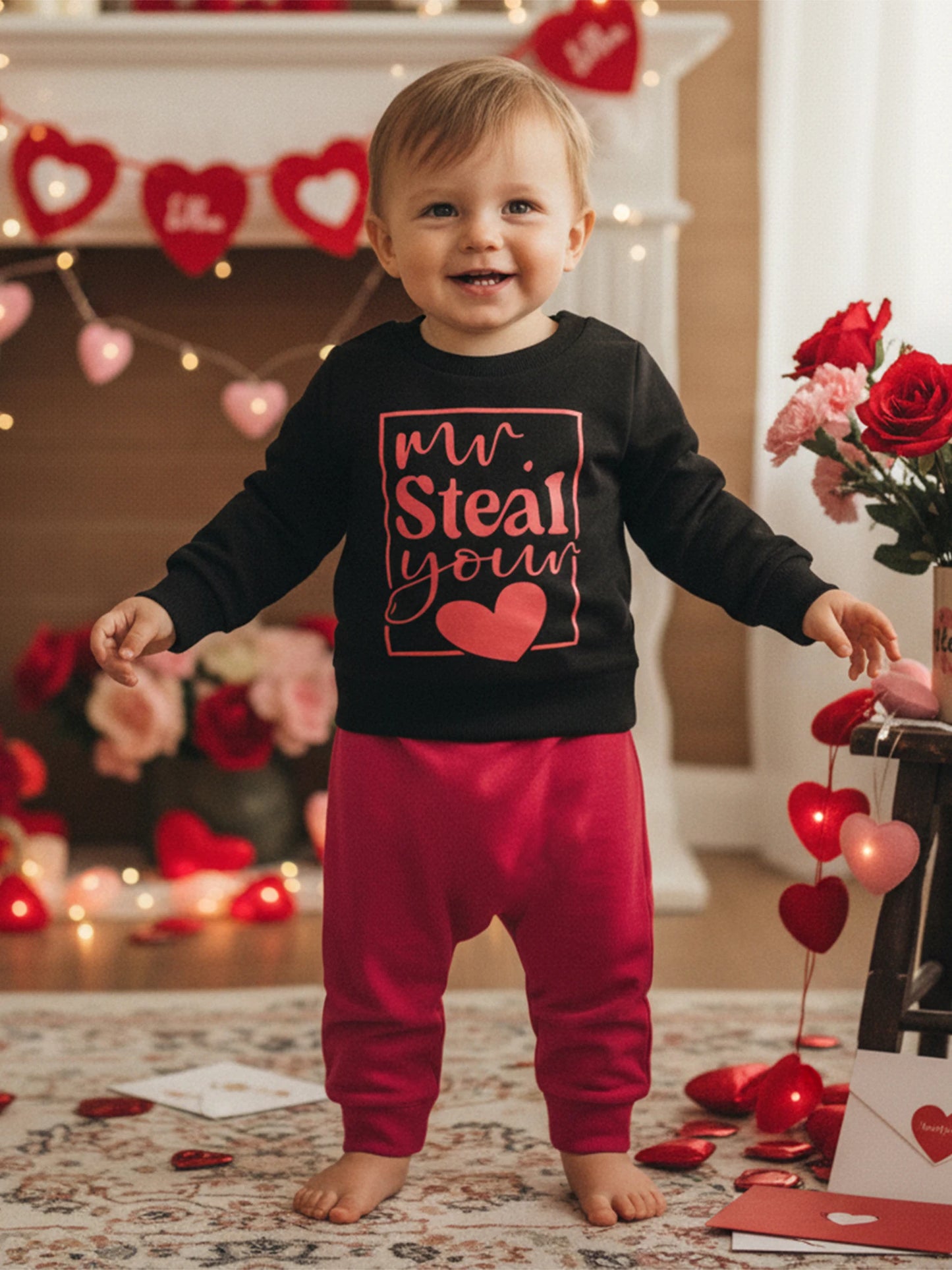 Baby Boys Valentine's Day Outfit Set - Heart Print Sweatshirt & Pants