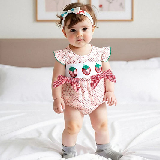 0-18M  Baby Girls Romper for Summer Strawberry Embroidery Dot Print Crew Neck Ruffled Flying Sleeve Babygrow Jumpsuit