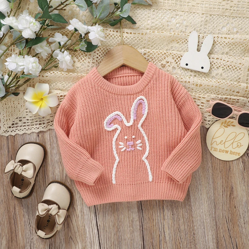 0-3Y Baby Girls Easter Sweater Rabbit Embroidery Long Sleeve Crew Neck Knitwear Pullover Outwear