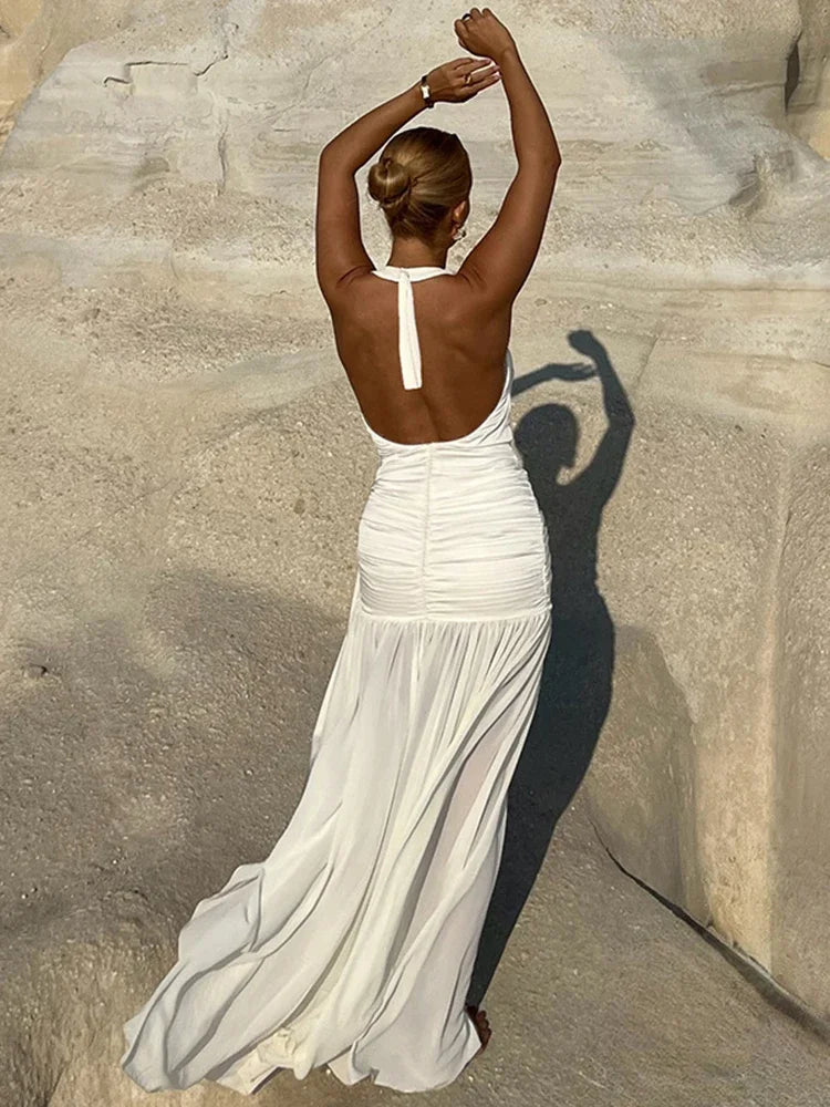 Women's Backless Halter Deep V Neck Solid Splice Bandage High Split Dress