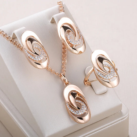 Women's Unusual Geometry Glossy 585 Rose Gold Color Natural Zircon Big Ring Earrings Necklace Set