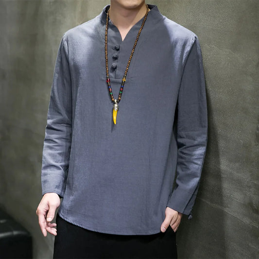 Men's Linen Casual Shirt - Long Sleeve V-Neck Breathable Top